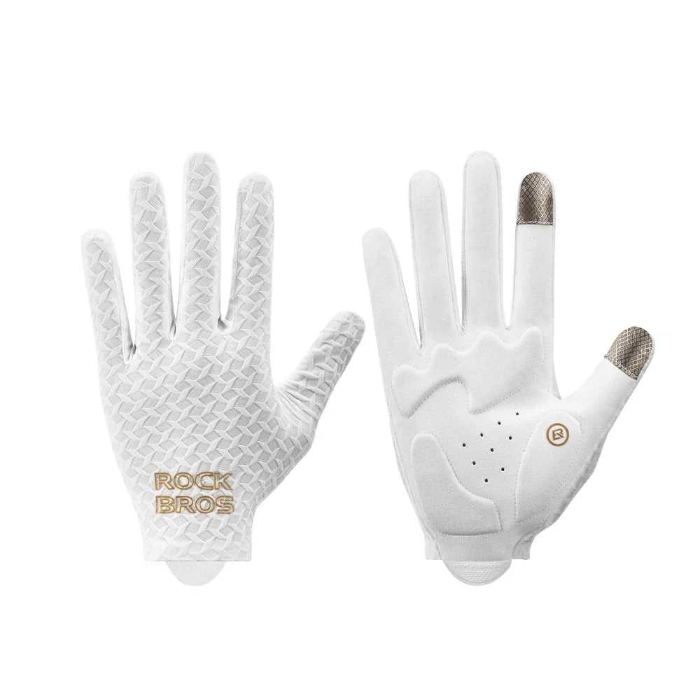 A pair of white RockBros golf gloves shown flat against a white background, displaying both the textured back of one glove and the smooth palm of the other with a touch screen index finger. #Color_White