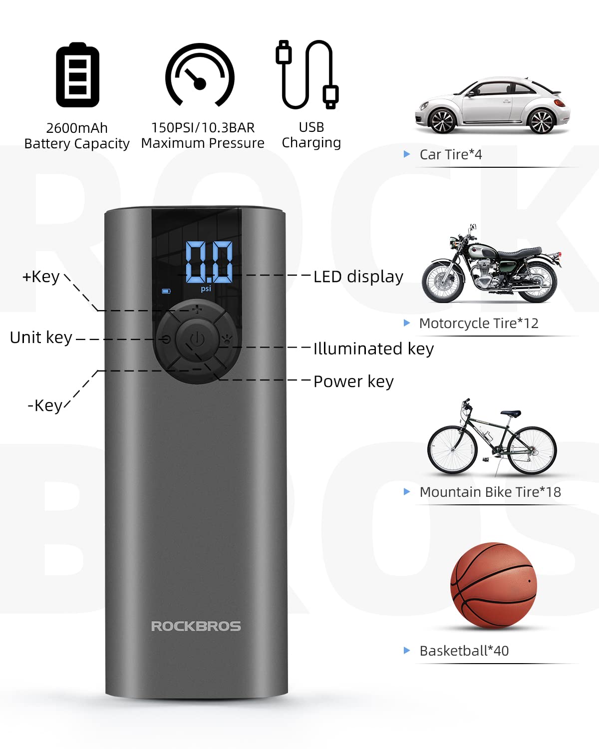 ROCKBROS A8 Electric Bike Pump 150 Psi Inflator Portable Air Compressor 2*2600 mAh