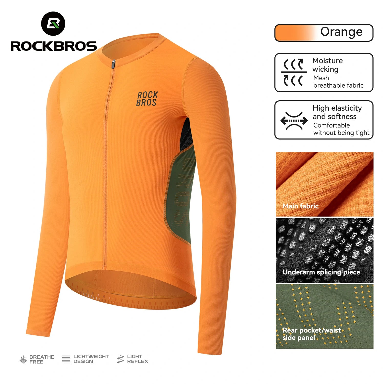 An orange long-sleeve cycling jersey by Rockbros, displayed on the left, alongside informational feature callouts on the right detailing its moisture-wicking, breathable mesh fabric, high elasticity, and texture. #Color_Orange