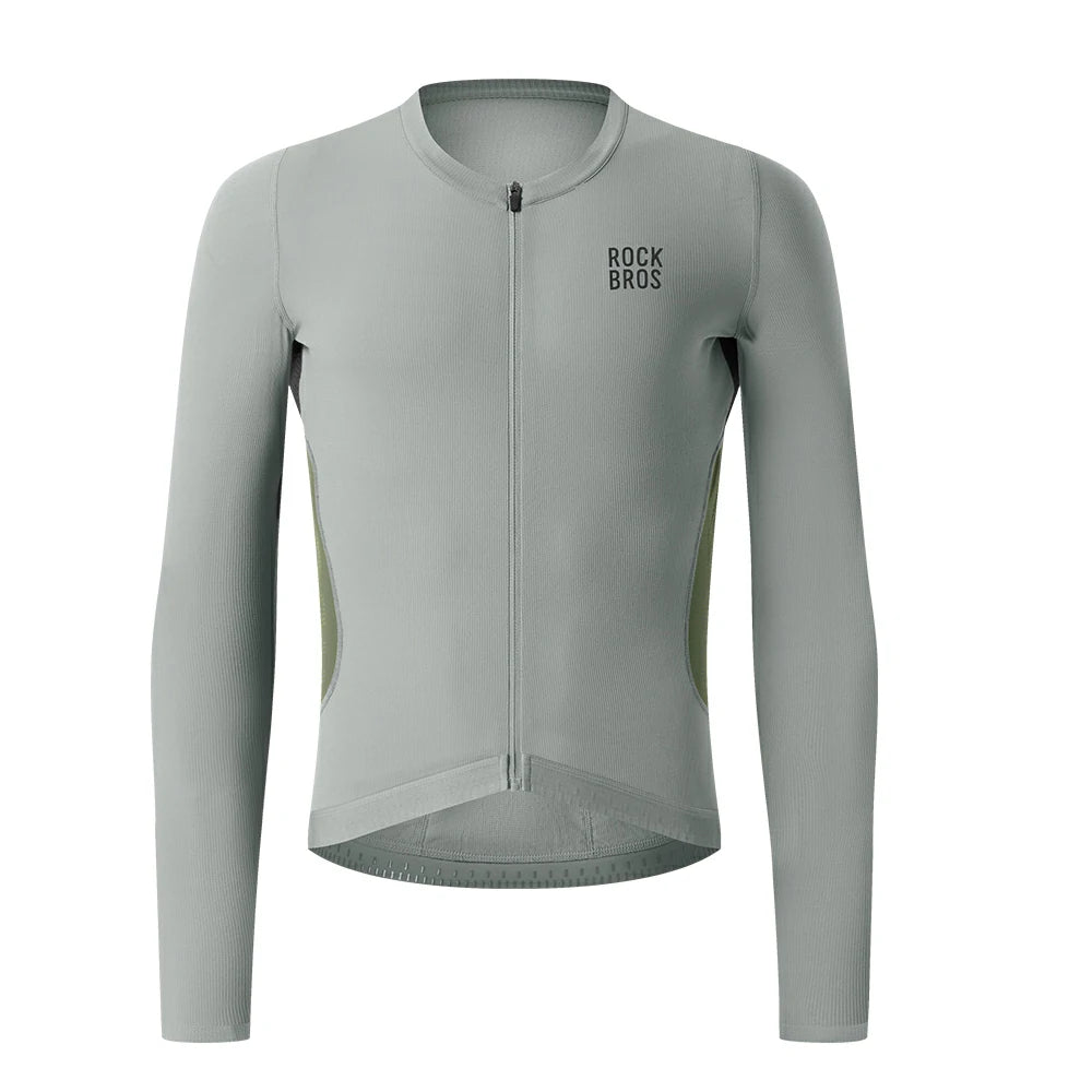 A light gray long-sleeve cycling jersey with a full front zipper, a crew neck, and the 'ROCKBROS' logo printed in black on the left chest. The jersey is shown on a clean white background.  #Color_Gray