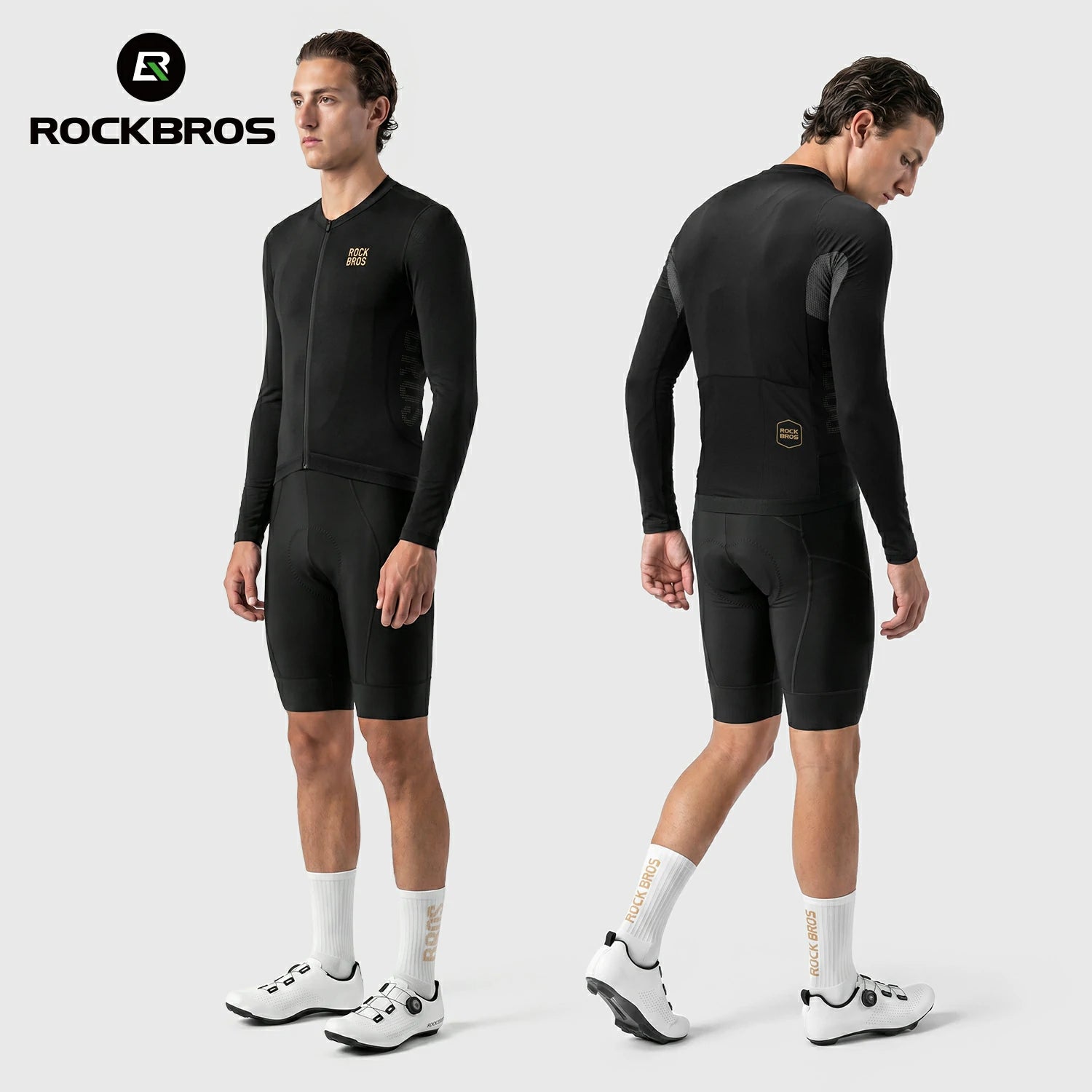 Two male models wearing a black Rockbros cycling kit, shown from the front and back, on a light gray studio background. The kit includes a long-sleeve jersey and matching shorts, with white socks and cycling shoes. #Color_Black