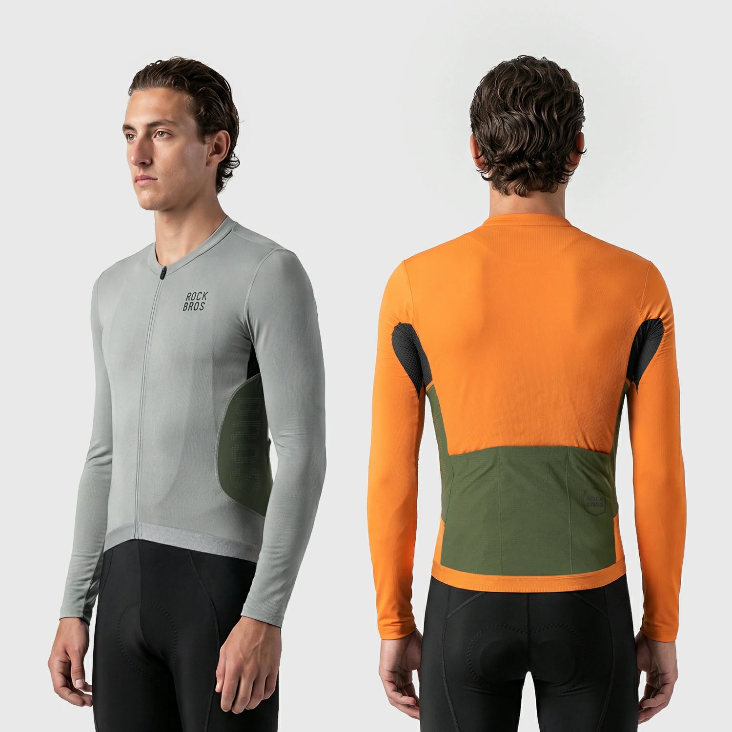 A man modeling a long-sleeve cycling jersey shown from both front and back against a light gray studio background. The front view shows a light gray jersey with a small black 'ROCKBROS' logo on the chest and a dark green side panel. #Color_Gray
