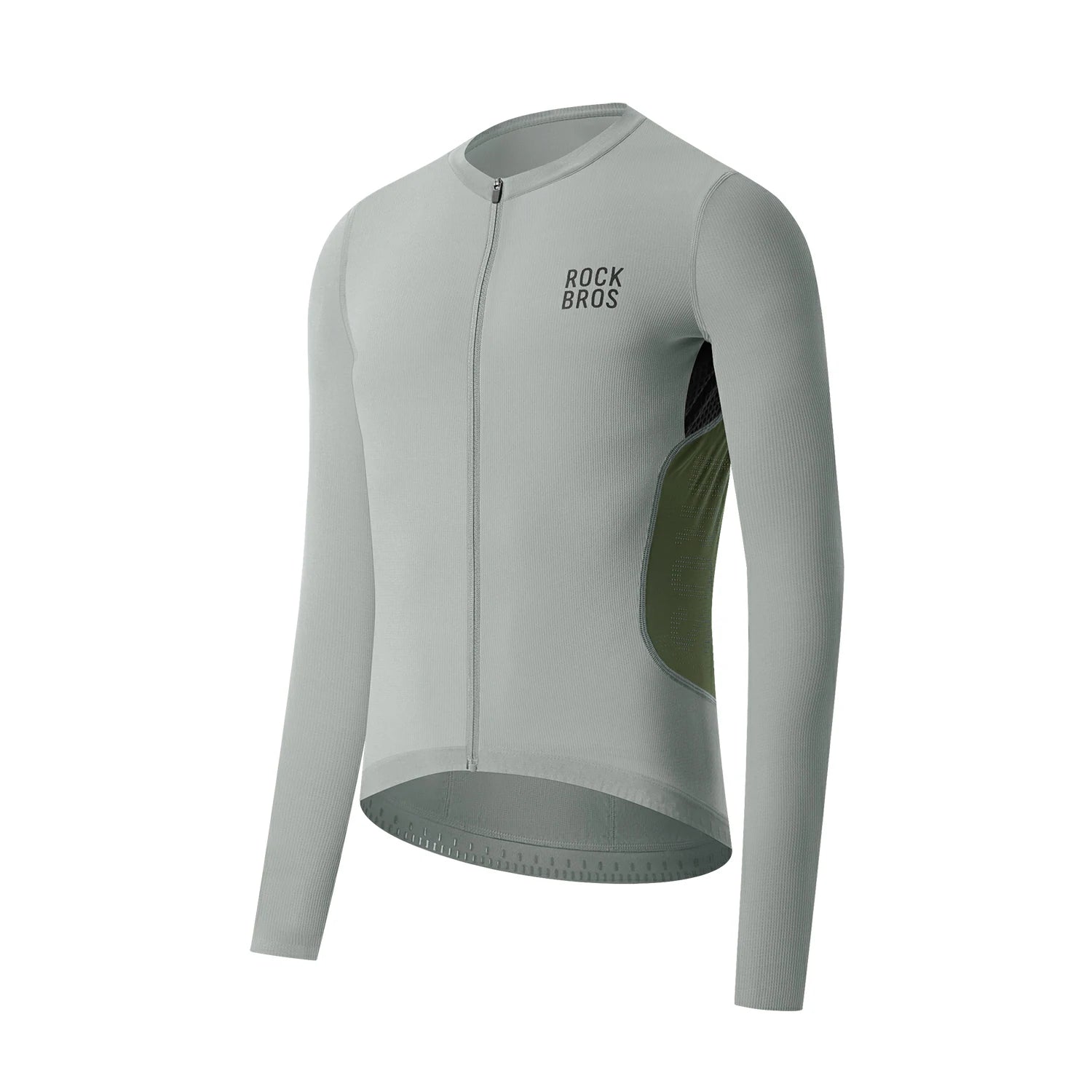 A long-sleeve cycling jersey in a light gray color with a dark green side panel and a black 'ROCKBROS' logo on the chest, shown on a plain white background. #Color_Gray