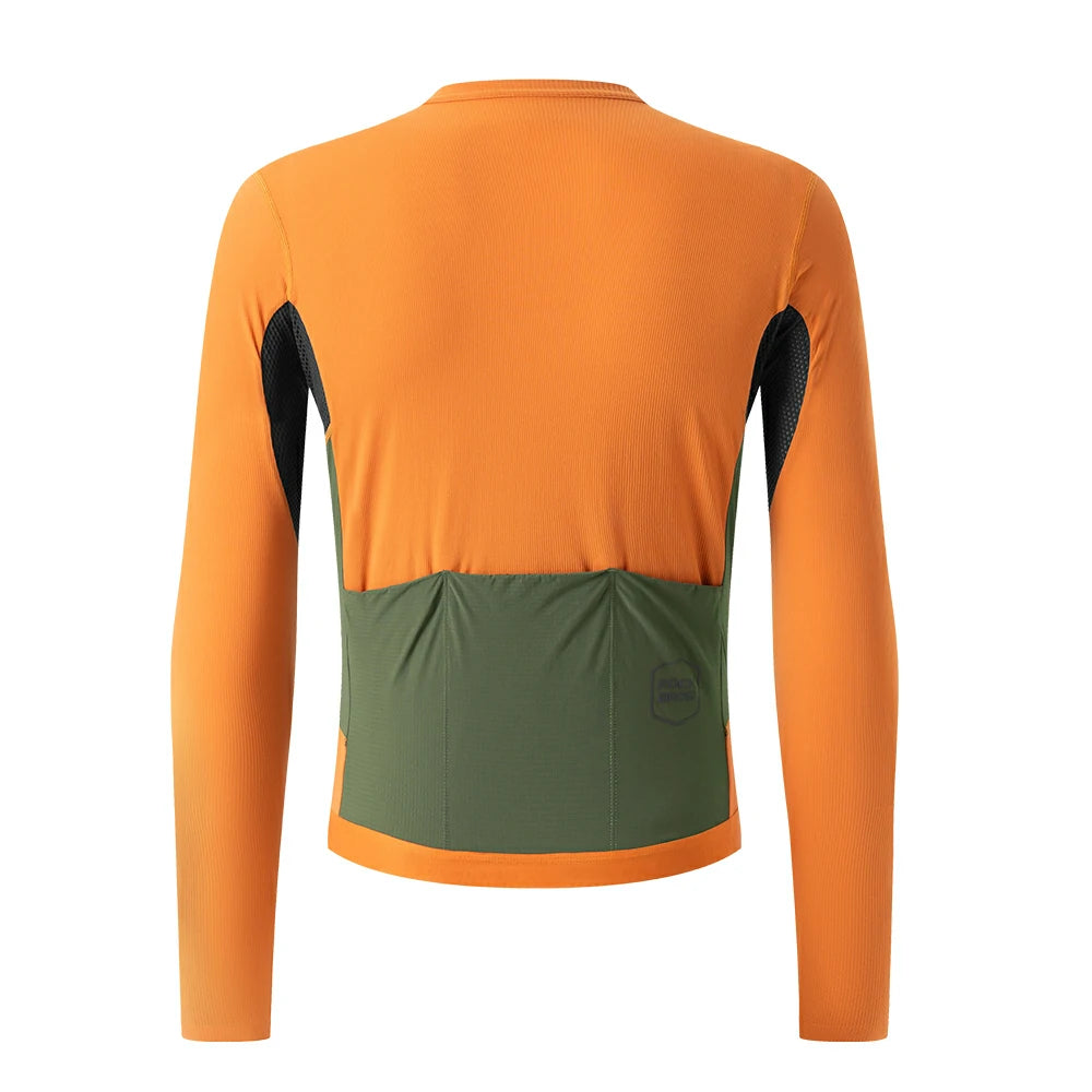 A long-sleeve athletic jersey shown from the back, featuring a bright orange body with black side panels and a large olive green lower back panel. #Color_Orange