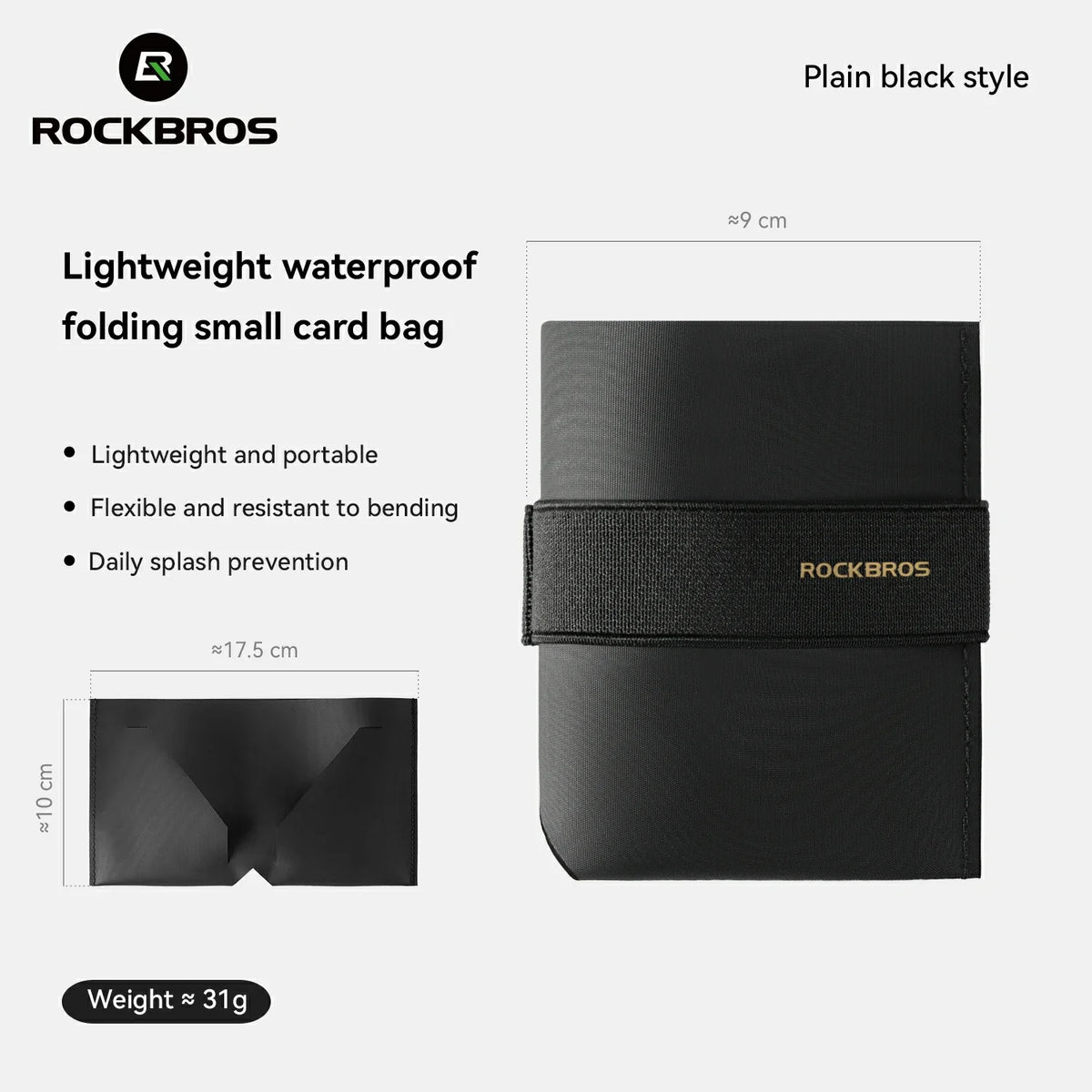 Rockbros plain black style lightweight waterproof folding small card bag shown on a light gray background with product dimensions, weight, and feature bullet points. #Color_Black