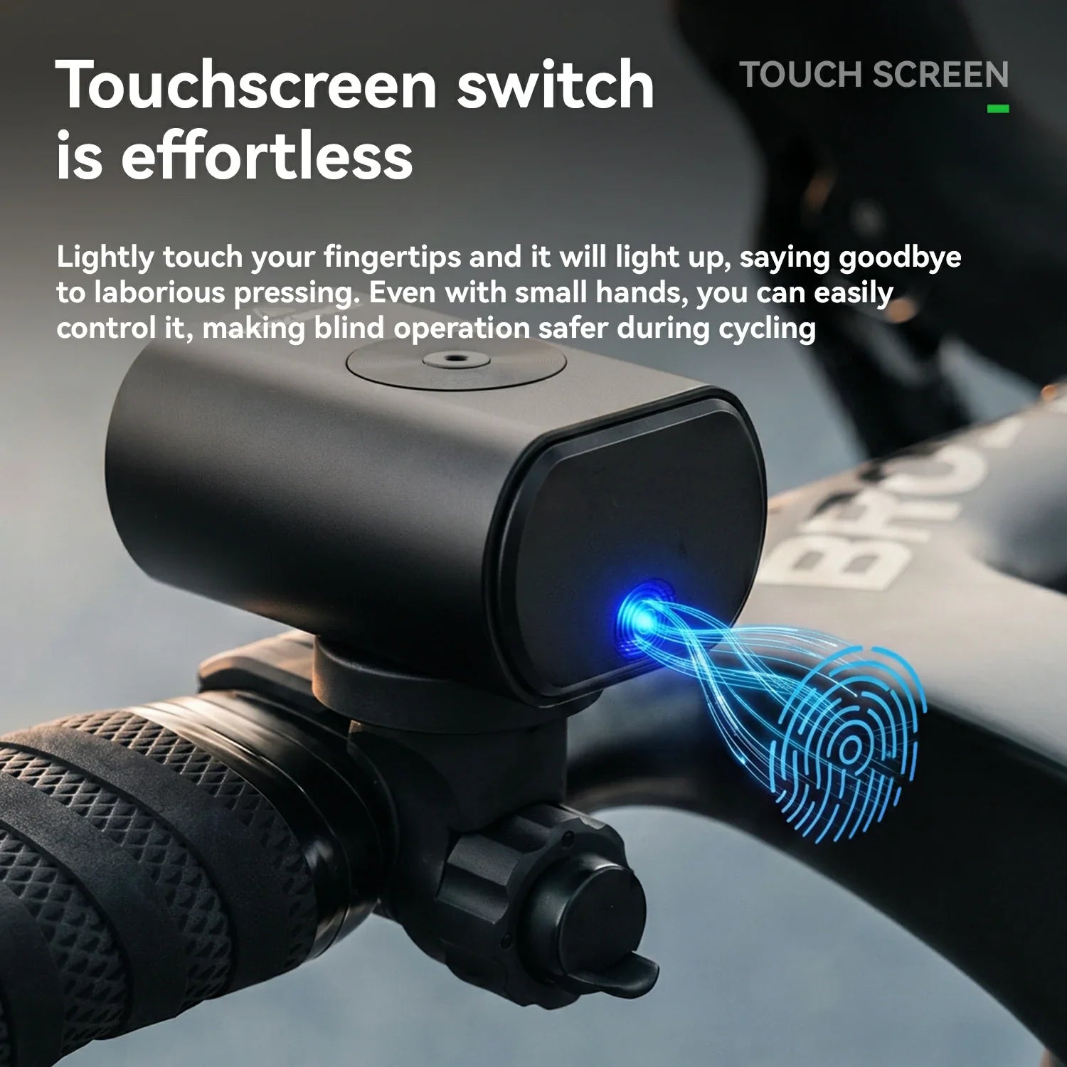 A black bicycle handlebar-mounted touch screen light with blue illuminated fingerprint graphics, shown attached to a bike bar with marketing text explaining easy touchscreen operation.