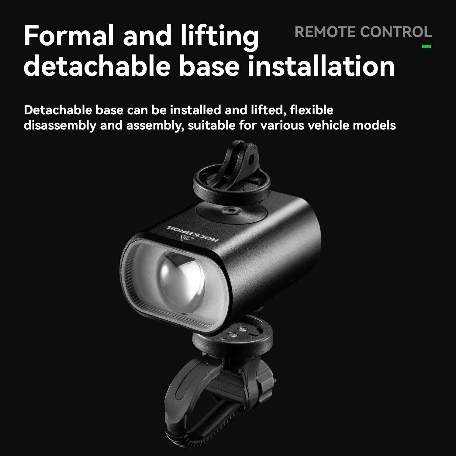 A black bicycle headlight with a detachable mounting base and remote control, shown on a black background with promotional text about remote control and detachable base installation.
