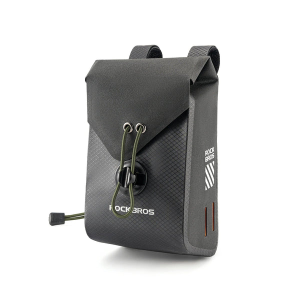 A dark gray Rockbros backpacking pouch with a textured lower half, a solid upper flap, and olive green drawstring details, shown on a clean white background.
