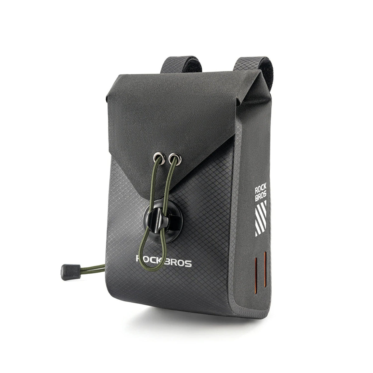 A dark gray Rockbros backpacking pouch with a textured lower half, a solid upper flap, and olive green drawstring details, shown on a clean white background.