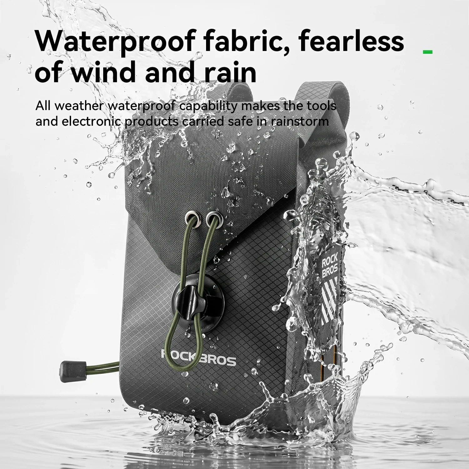 A black waterproof backpack by Lockbros shown partially submerged in water with a splash, alongside marketing text about waterproof fabric and wind/rain resistance.