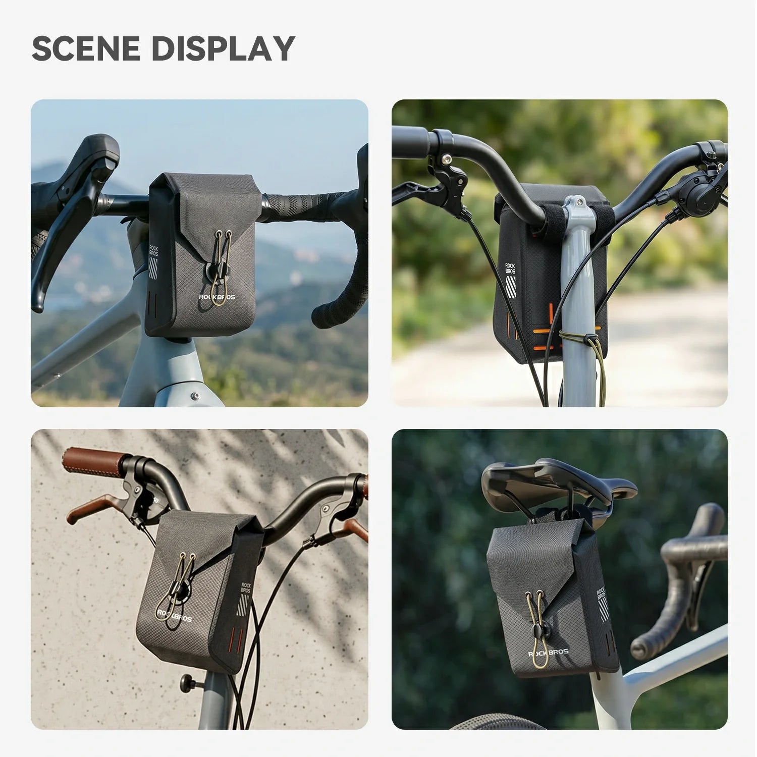A four-panel collage showing a dark gray bicycle handlebar bag mounted on different bicycles in outdoor settings. The top-left panel has the text 'SCENE DISPLAY' above the panels.