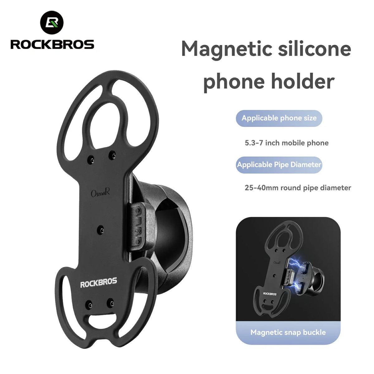 Black ROCKBROS magnetic silicone phone holder shown on a white background with product text, size details, and a small inset demonstrating the magnetic snap buckle.