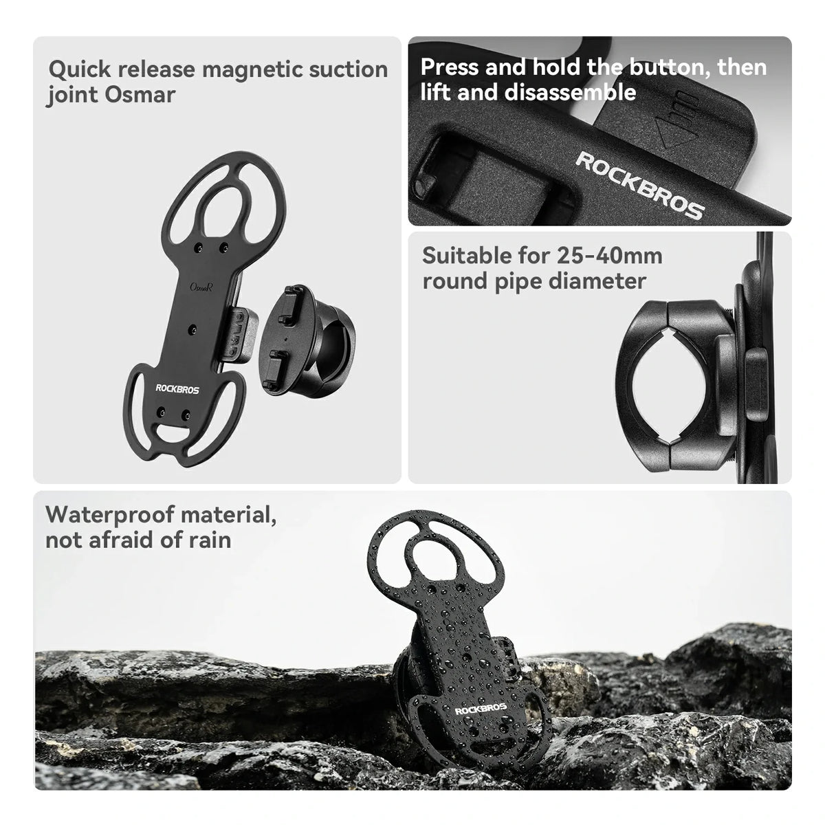 Three-panel product feature graphic for a ROCKBROS magnetic suction joint. The top-left panel shows the black clamp-like product with a release button and text about quick release magnetic suction joint Osmar.