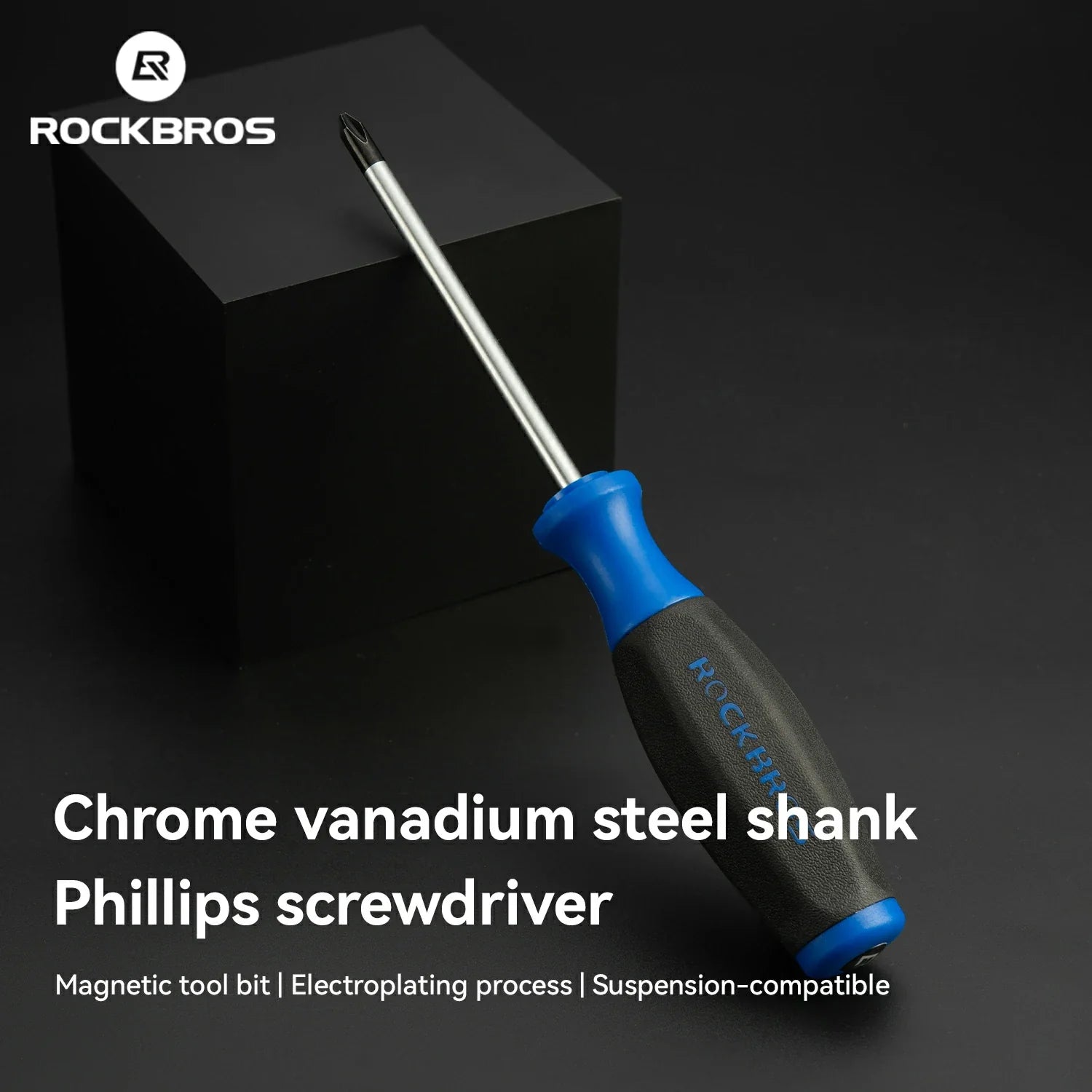 A Rockbros Phillips screwdriver with a chrome vanadium steel shank and blue/black handle, shown resting against a black block on a dark background with product text overlay.