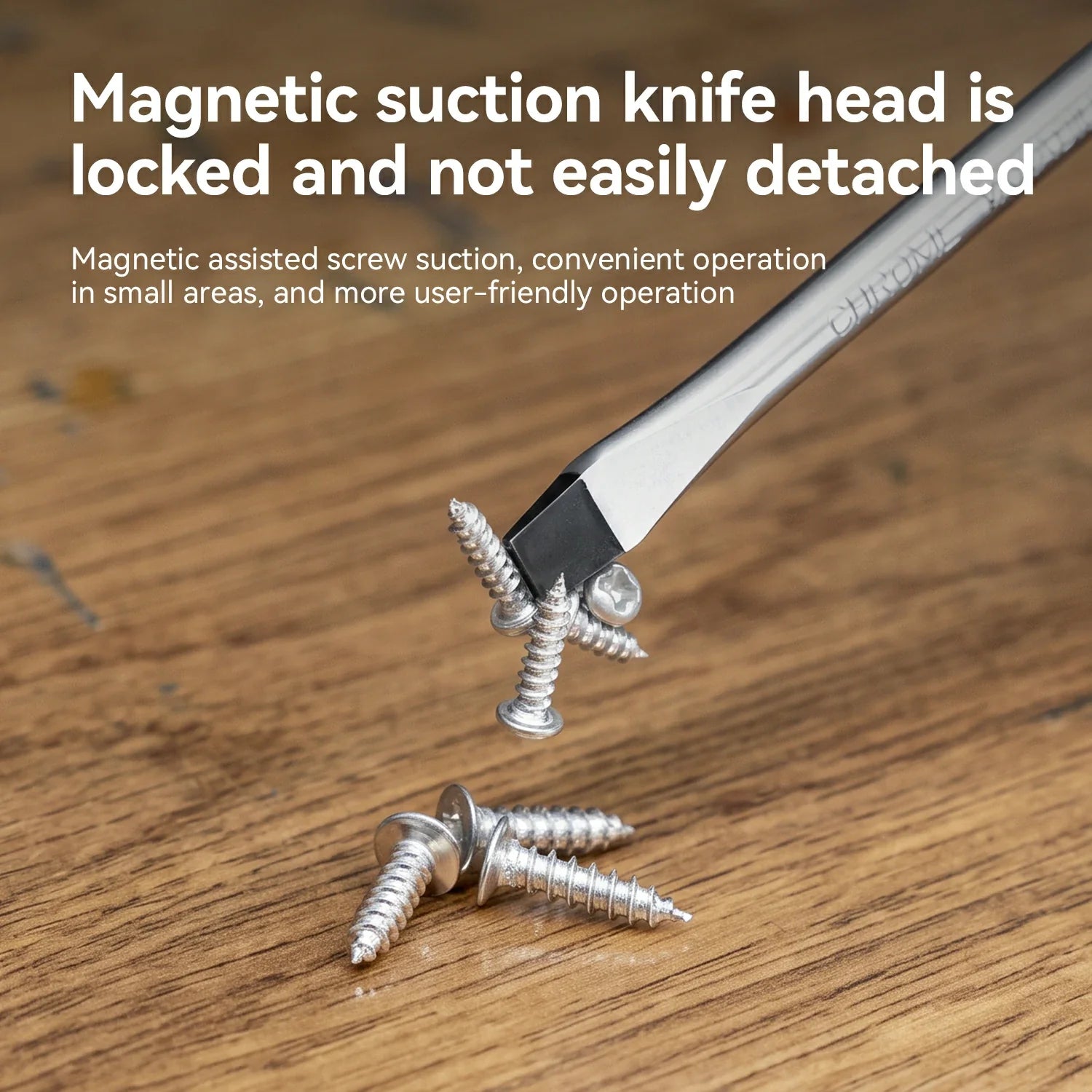 Close-up of a metallic magnetic suction screw tool lifting several silver screws on a wooden surface, with explanatory text at the top about the magnetic head being locked and not easily detached.