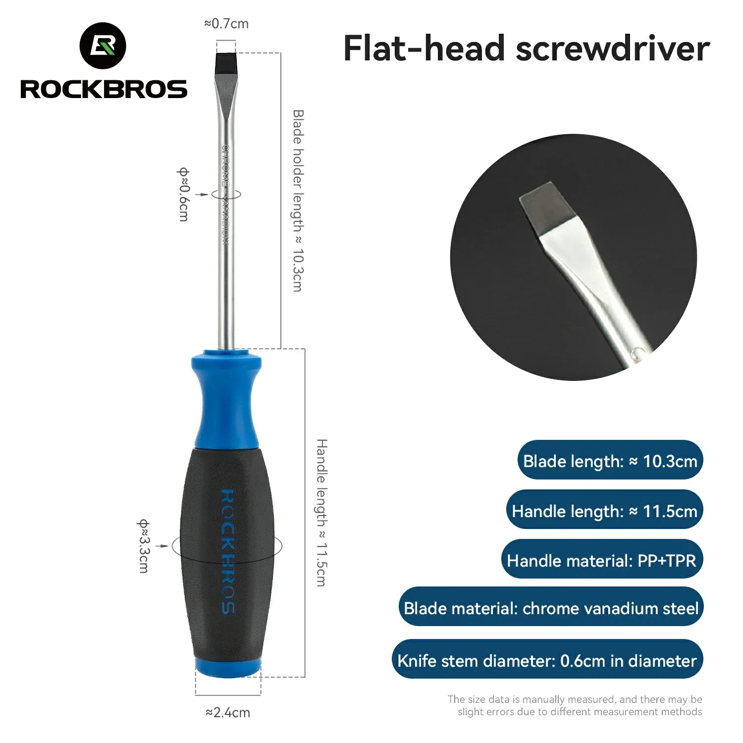 Rockbros flat-head screwdriver with a blue and black handle, shown with dimension callouts and a circular close-up of the blade tip. Text on the image lists key specifications including blade length, handle length, handle material, blade material, and stem diameter.