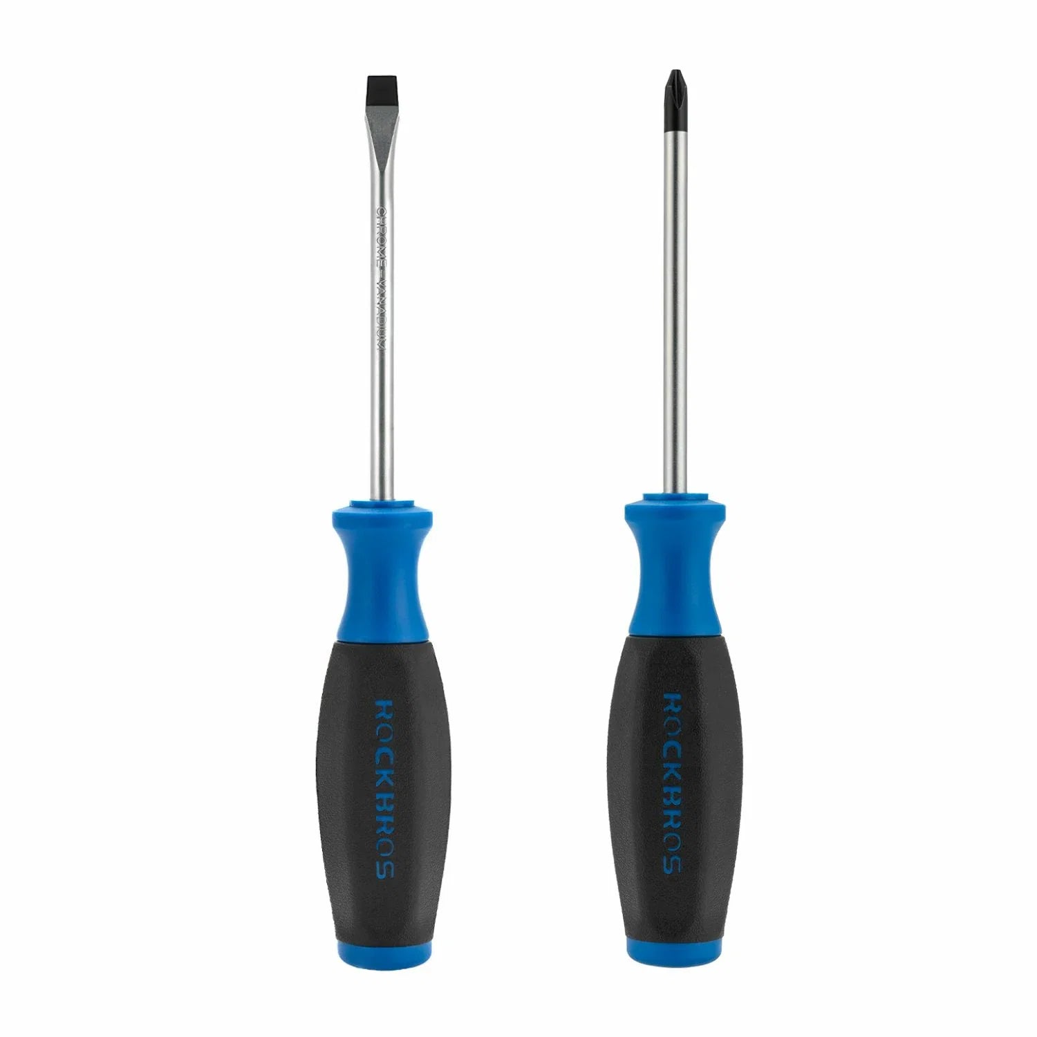 Two screwdrivers with blue and black handles on a plain white background, one with a flathead bit and one with a Phillips bit.