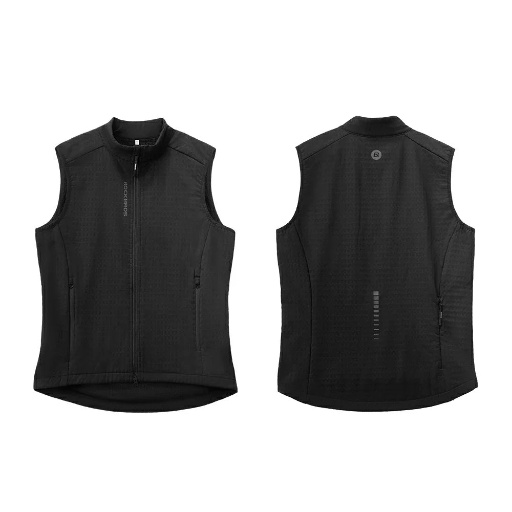 Black sleeveless zip-front vest shown from the front and back on a plain white background.