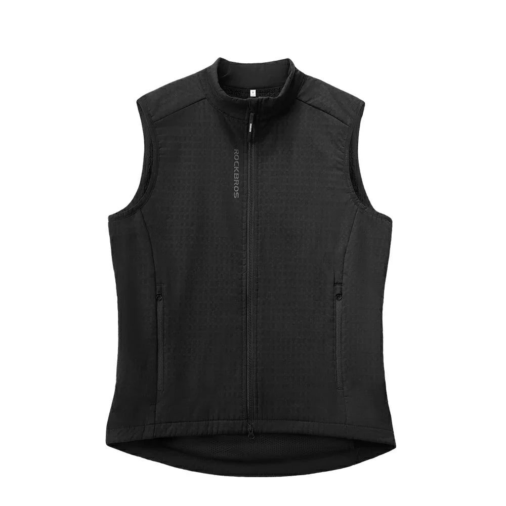 A black sleeveless zip-front vest with a stand collar and subtle textured pattern, shown on a plain white background. The brand name 'MUCK RIBS' is printed vertically on the left chest.