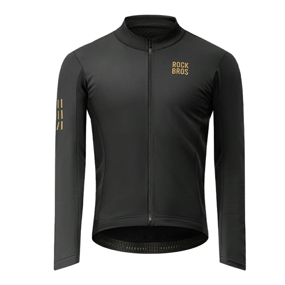 A black long-sleeve cycling jersey with a full front zipper, a high collar, and gold branding. The brand 'ROCK BROS' is printed in gold on the left chest, and three vertical gold stripes are printed on the right sleeve.