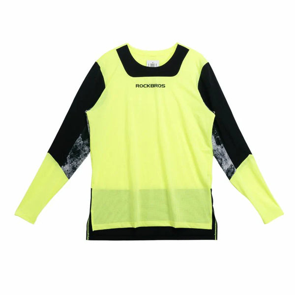 Neon green and black long-sleeve shirt with 'RockBros' branding on a white background