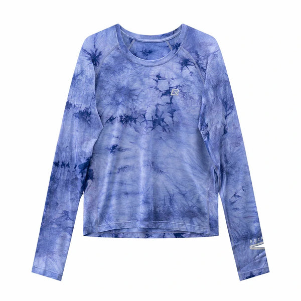 Blue-purple tie-dye long-sleeve merino wool running shirt