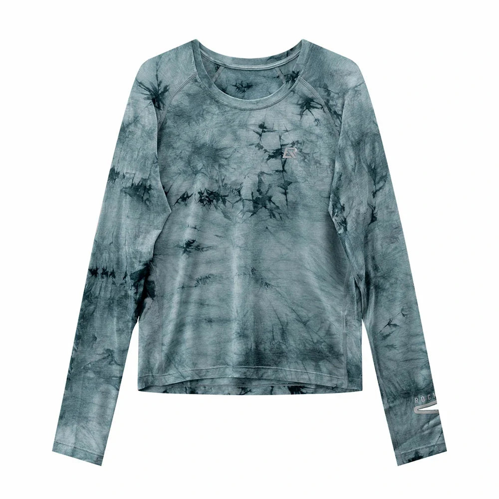 Gray-blue tie-dye long-sleeve running shirt