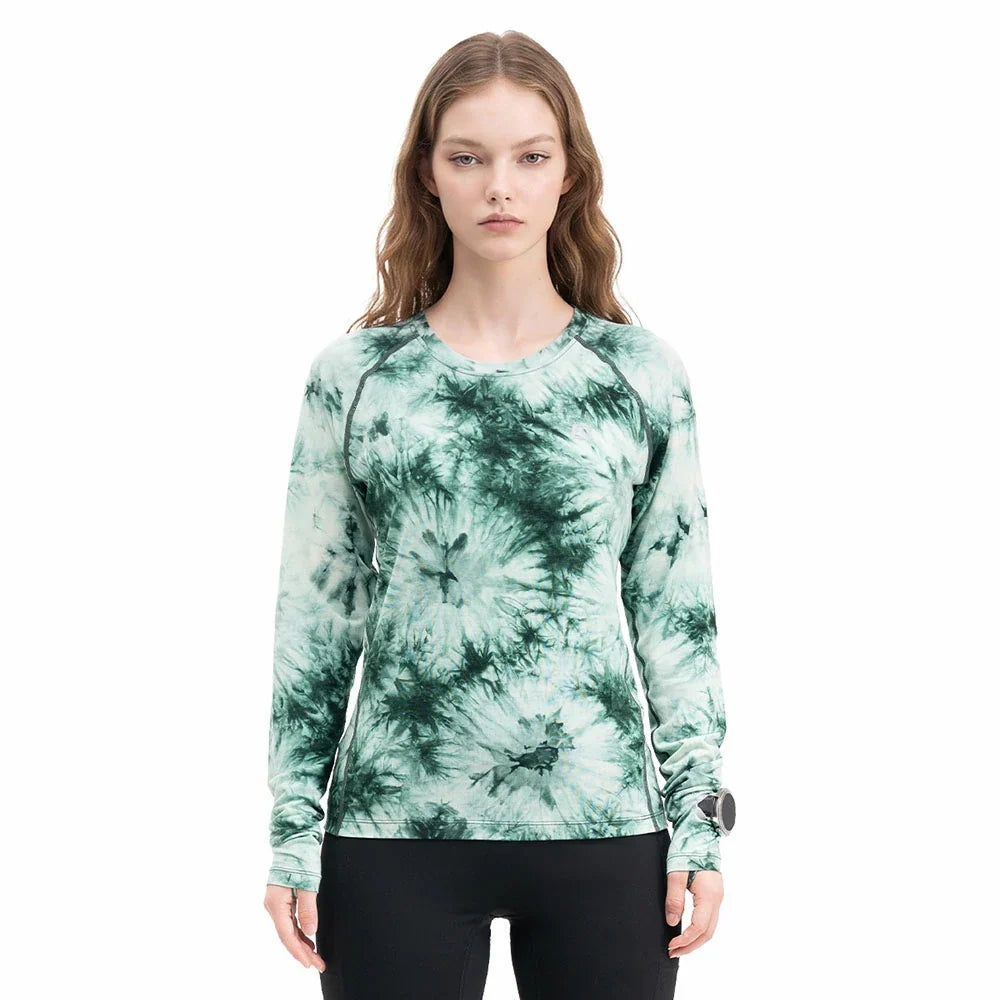 Model wearing a green tie-dye long-sleeve running shirt