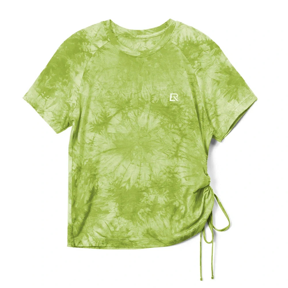 Lime green tie-dye running tee with side drawstring