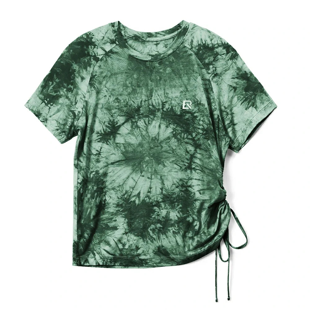 Green tie-dye short-sleeve merino wool running tee for women