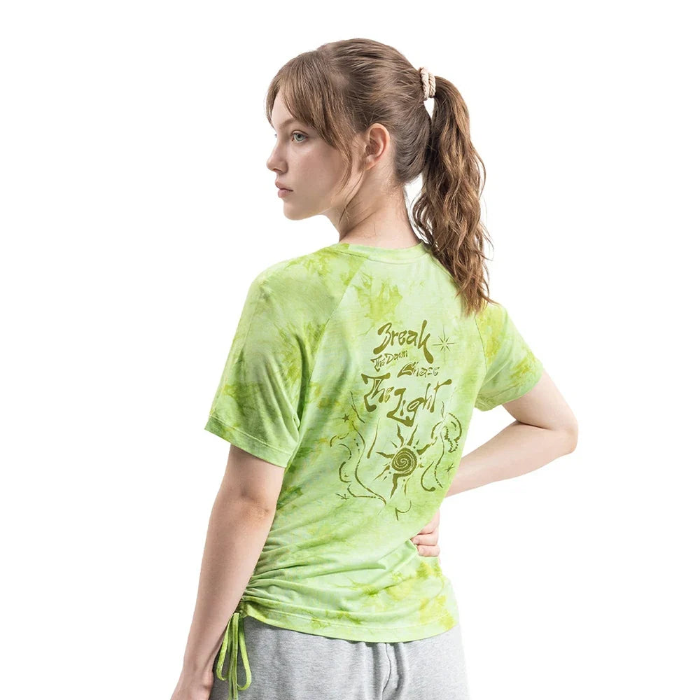 Back view of the green tie-dye running T-shirt
