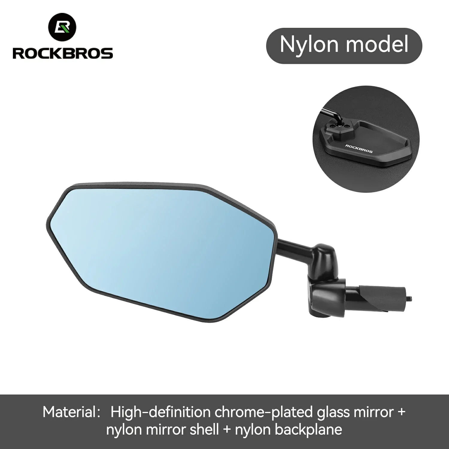 Rockbros side mirror in the nylon model, featuring a black frame and mount with a light blue reflective mirror glass, shown on a white background with product details and text overlays. #Color_Nylon Model (Left)