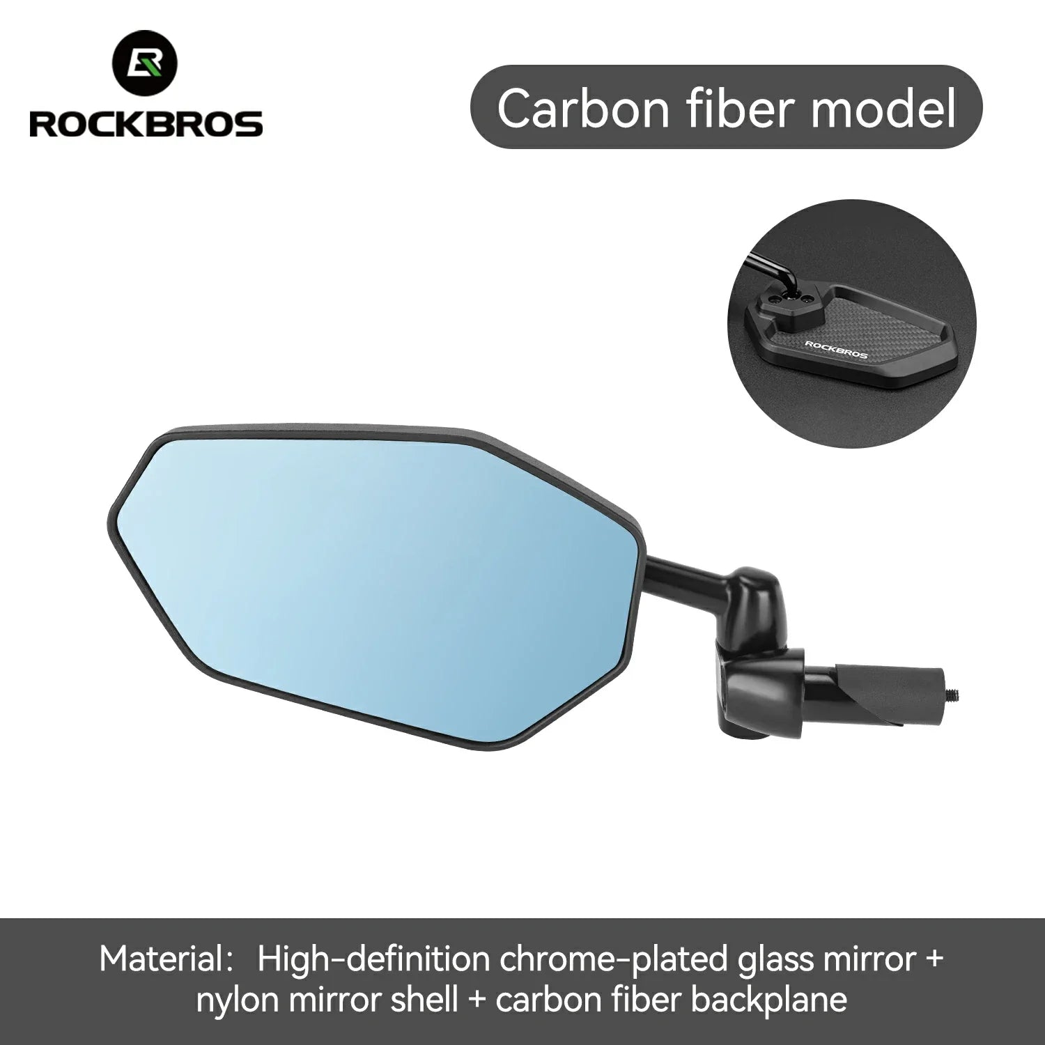 Rockbros mirror in the carbon fiber model, featuring a black frame, black mounting arm, and a light blue-tinted chrome-plated glass mirror. Includes a circular inset showing the carbon fiber backplate and text detailing the materials. #Color_Carbon Fibre Model (Left)