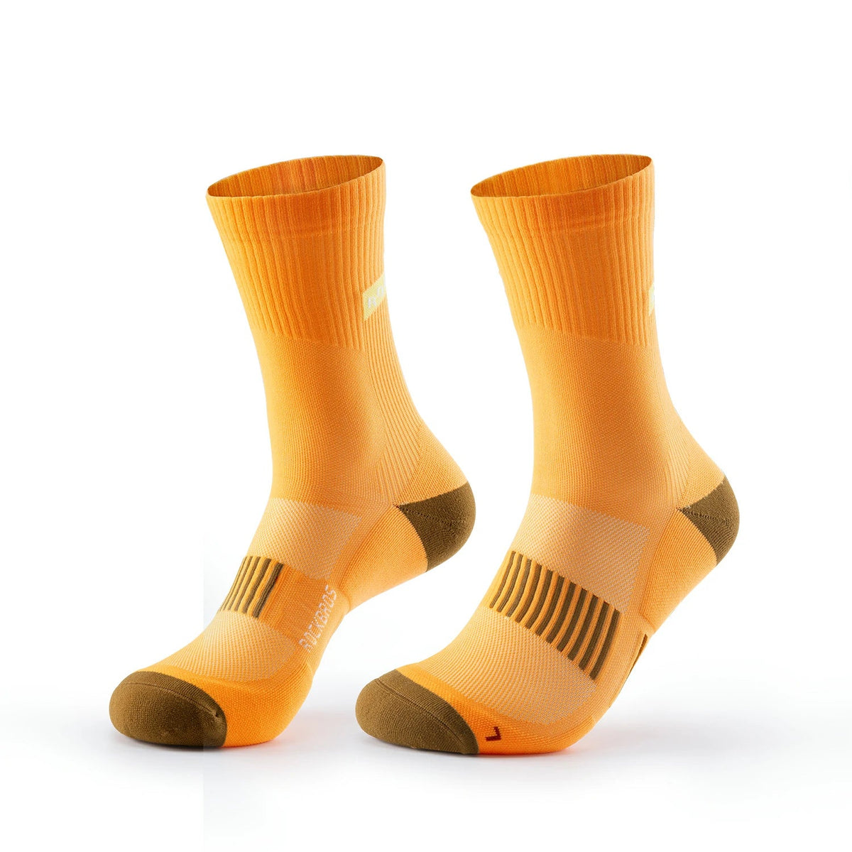 A pair of athletic crew socks in bright orange with brown accents on the toes, heels, and striped arch support zones, displayed on a clean white background. #Color_Orange
