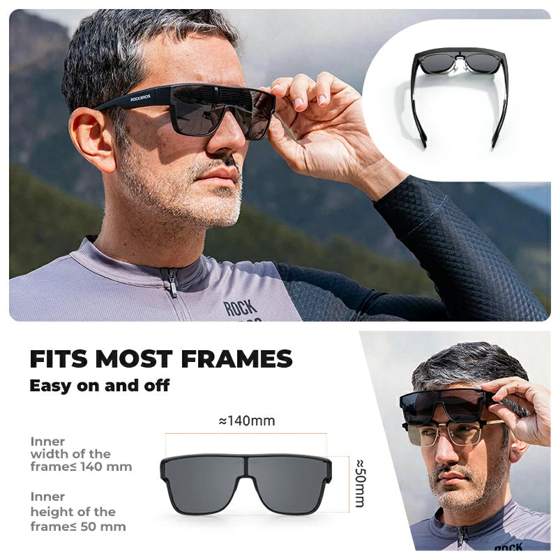 A promotional graphic for sport sunglasses showing a man outdoors wearing dark-tinted sunglasses, an inset of the sunglasses on a white background, and text stating 'FITS MOST FRAMES Easy on and off' with frame dimensions.