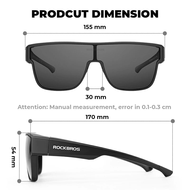 Product dimension diagram for oversized shield-style sunglasses, showing a front view with 155 mm width, 30 mm lens height, and 54 mm temple depth, plus a side view labeled 170 mm and 170 mm width. The brand ROCKBROS is visible on the temple.