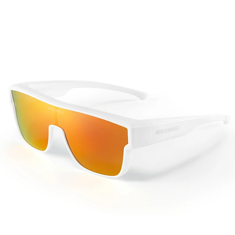 White wrap-around sunglasses with large mirrored orange and yellow lenses, shown on a clean white background. #Color_White