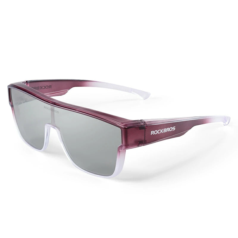 Rockbros shield-style sunglasses with a translucent burgundy-to-white gradient frame and gray lenses, shown on a clean white background. #Color_Purple-Grey