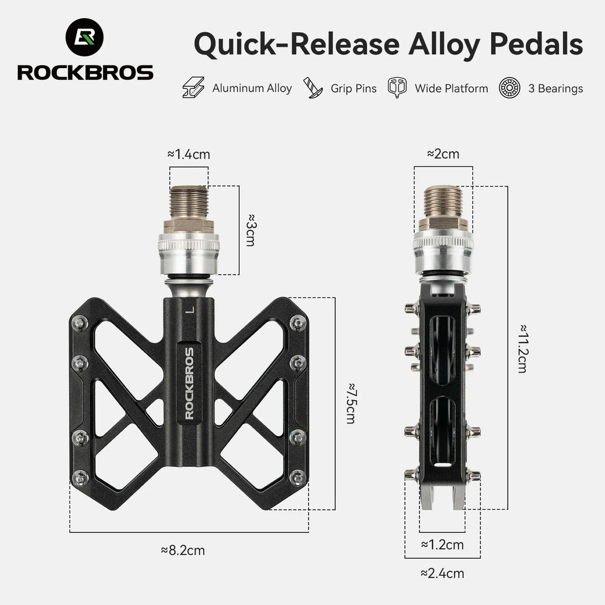 Quick-release bike pedal dimensions and product details
