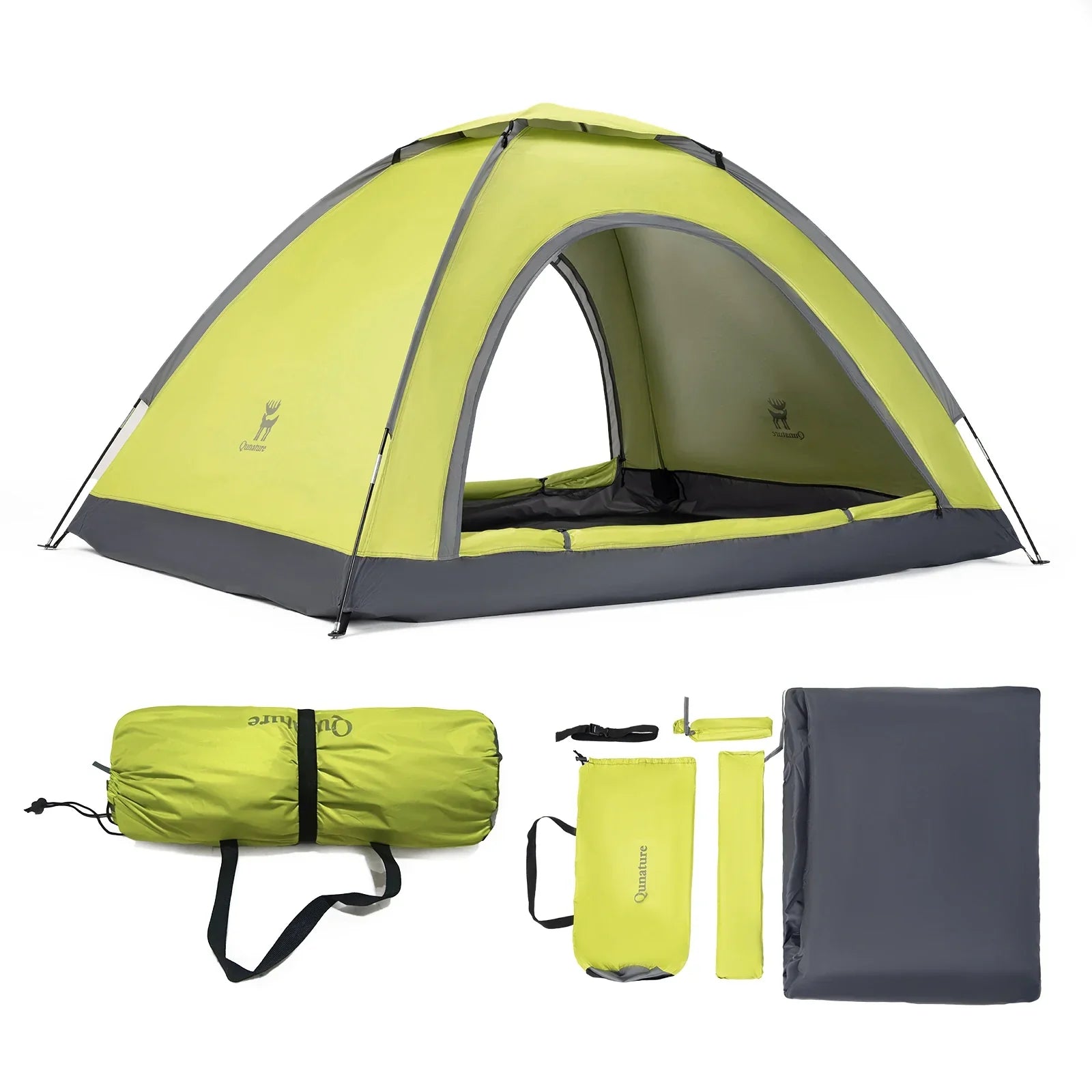 Green camping tent with many accessories