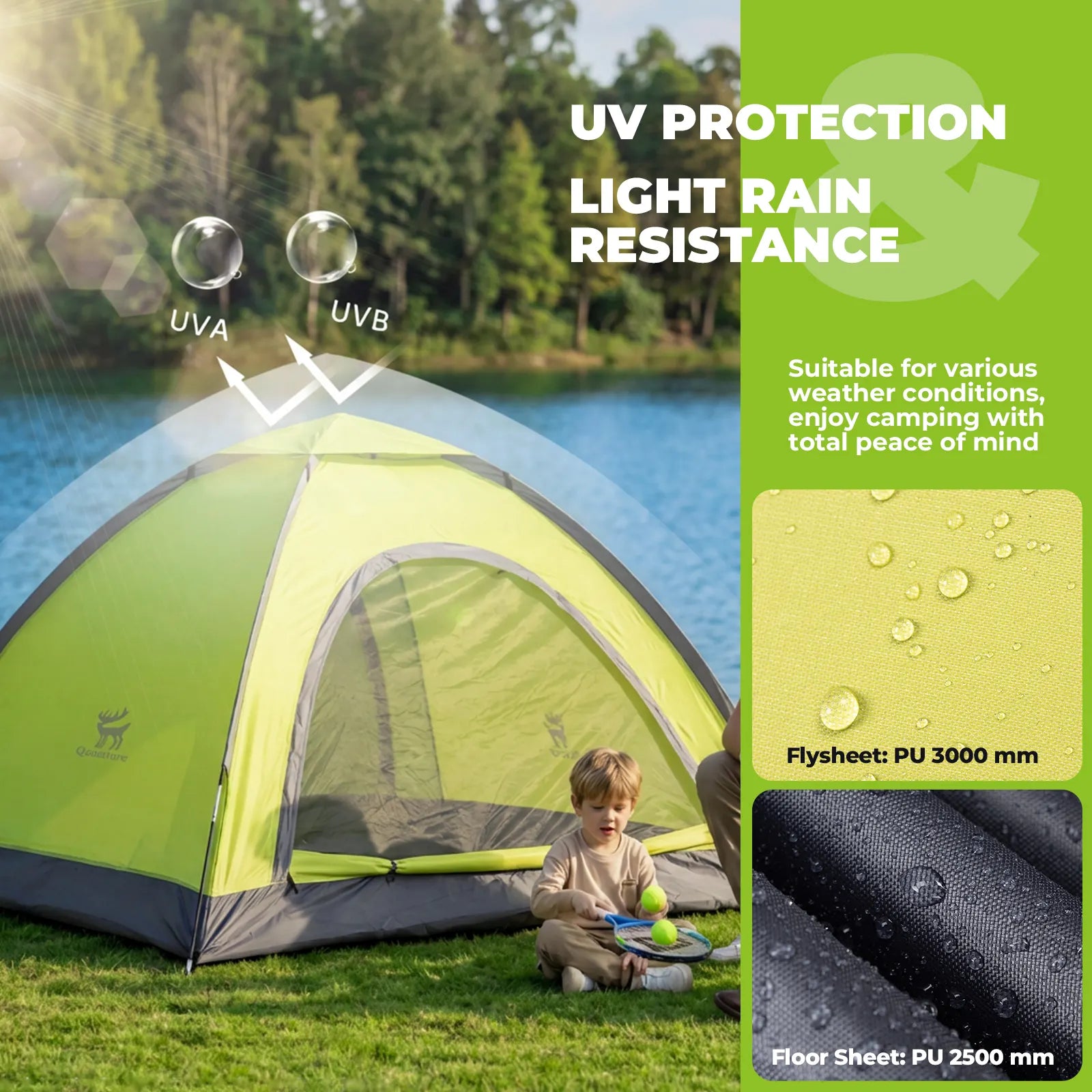 Green camping tent with child near a lake, highlighting UV protection and light rain resistance features.