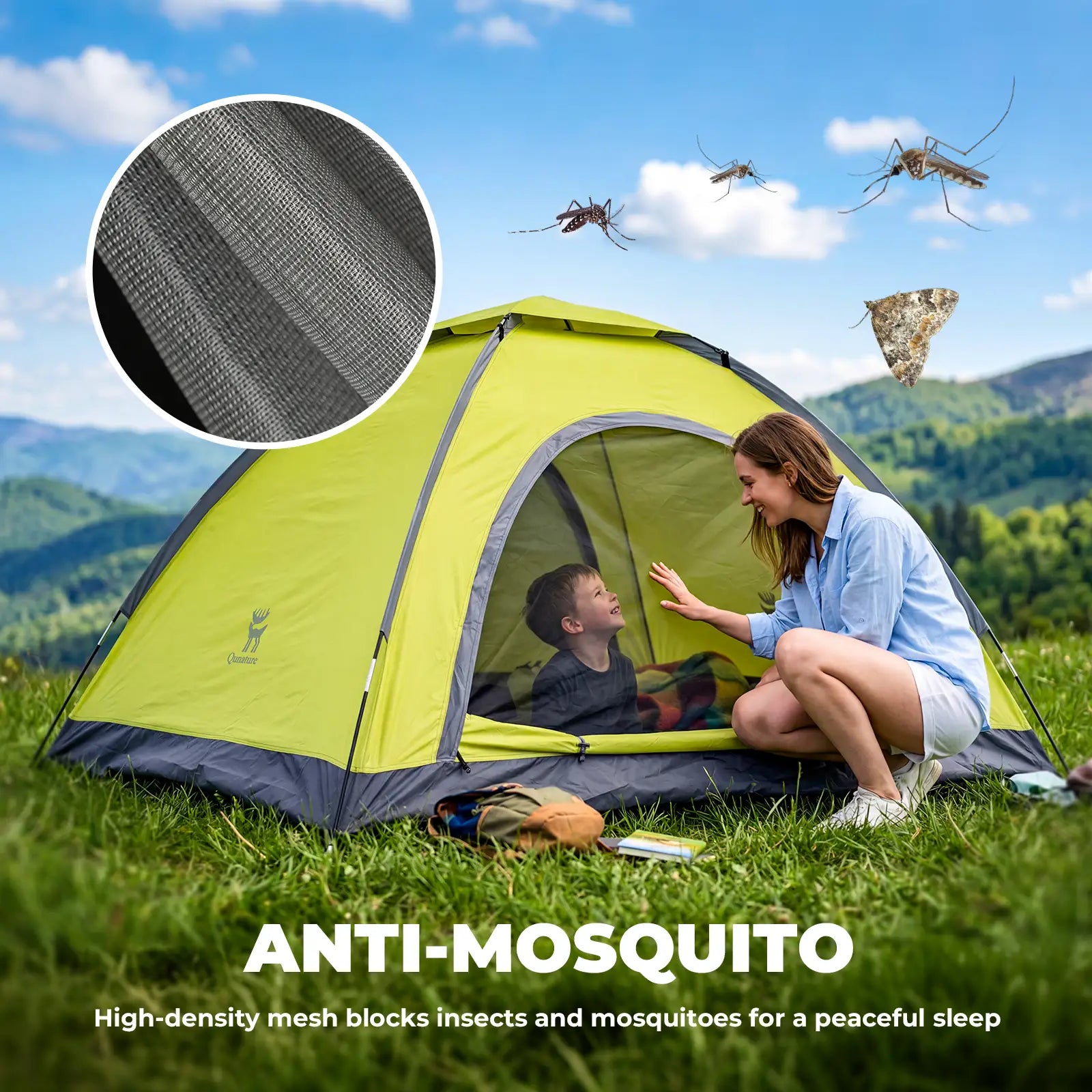 Camping scene with a green tent, people inside, and text about anti-mosquito features.