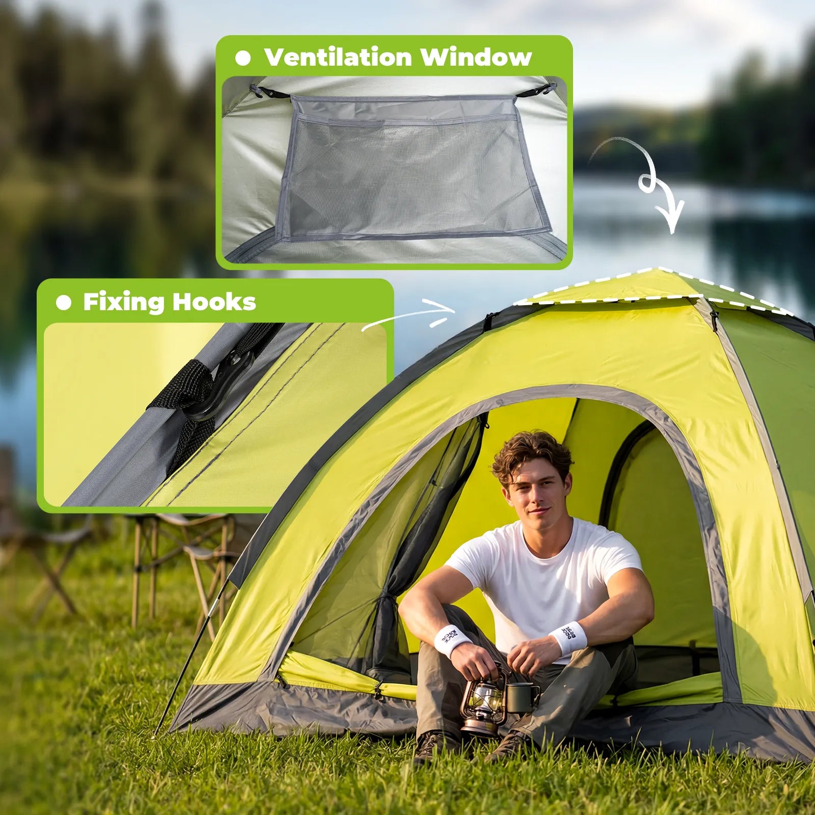 Person sitting inside a green tent with highlighted features like a ventilation window and fixing hooks, set against a natural background.