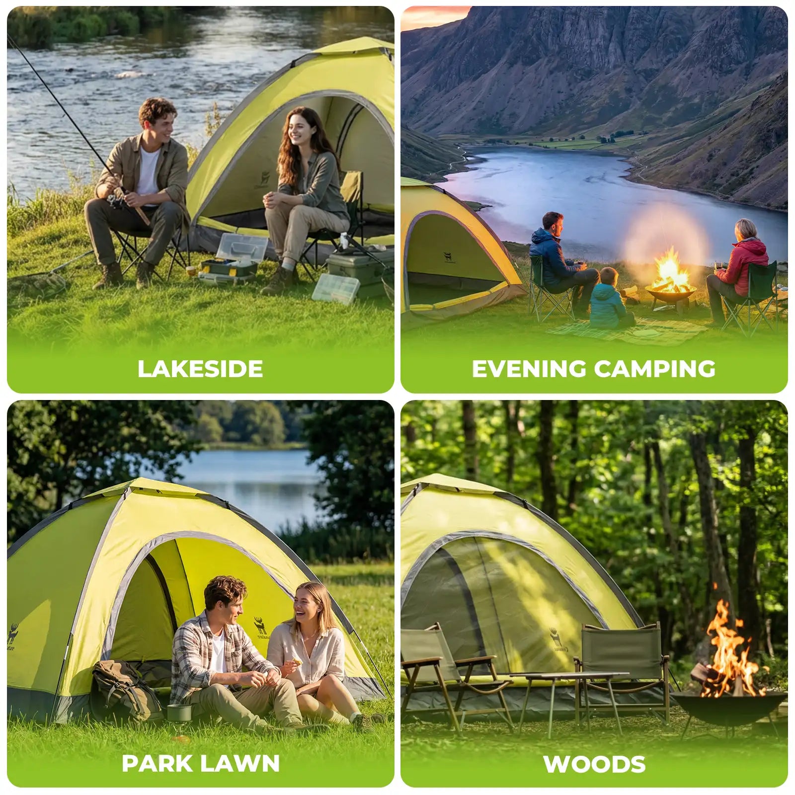 Collage of camping scenes with a green tent in various settings.