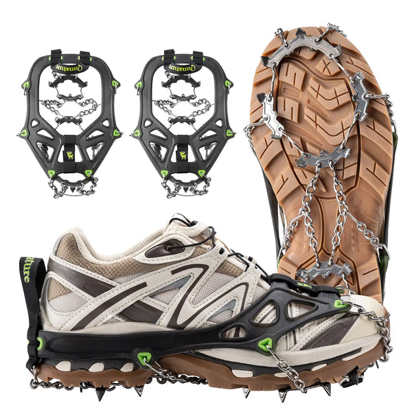 Ice cleats attached to a shoe on a white background