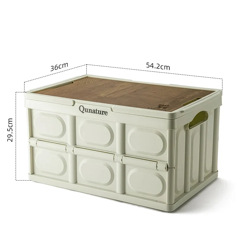 Storage box with wooden top and dimensions labeled, featuring the brand 'Qunature'.