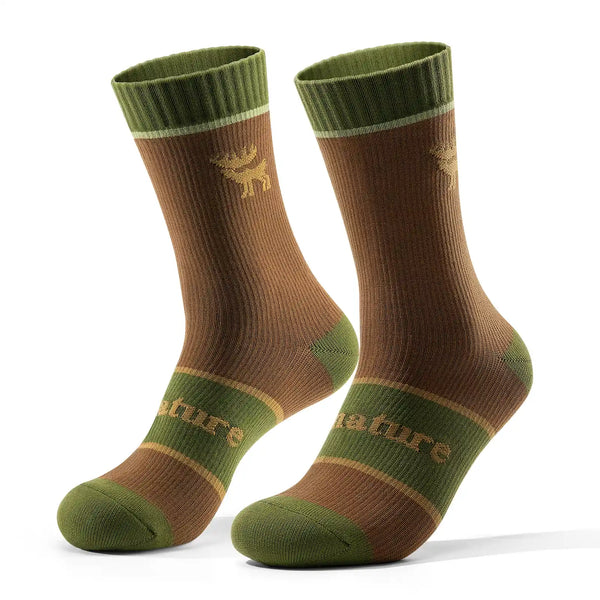 Pair of Khaki socks with green accents on a white background