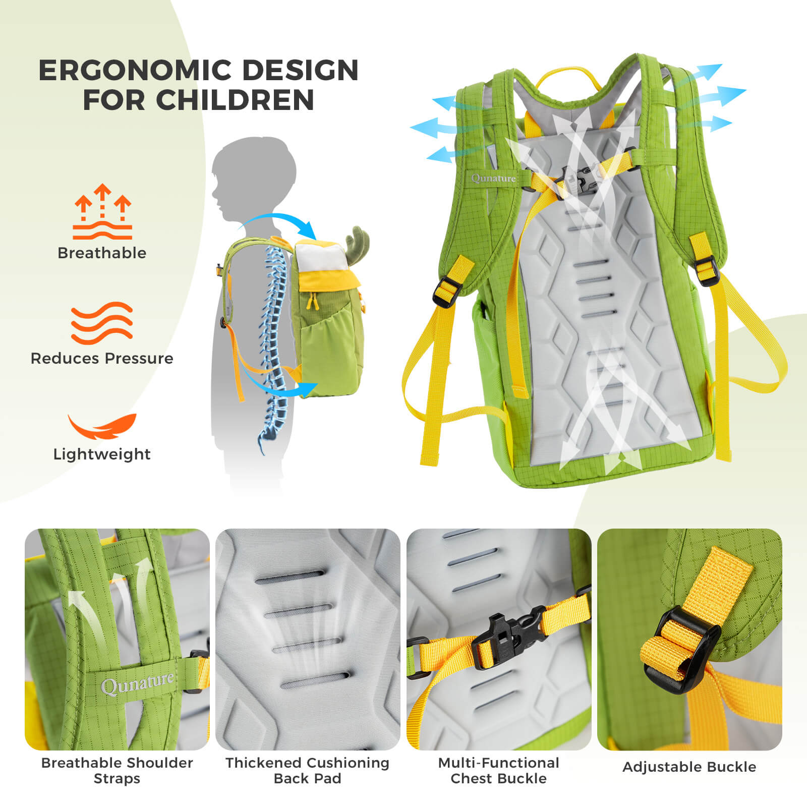 The Qunature 8L lightweight hiking backpack for children is made of water-repellent fabric and is designed specifically for children aged 4-8.
#color_green