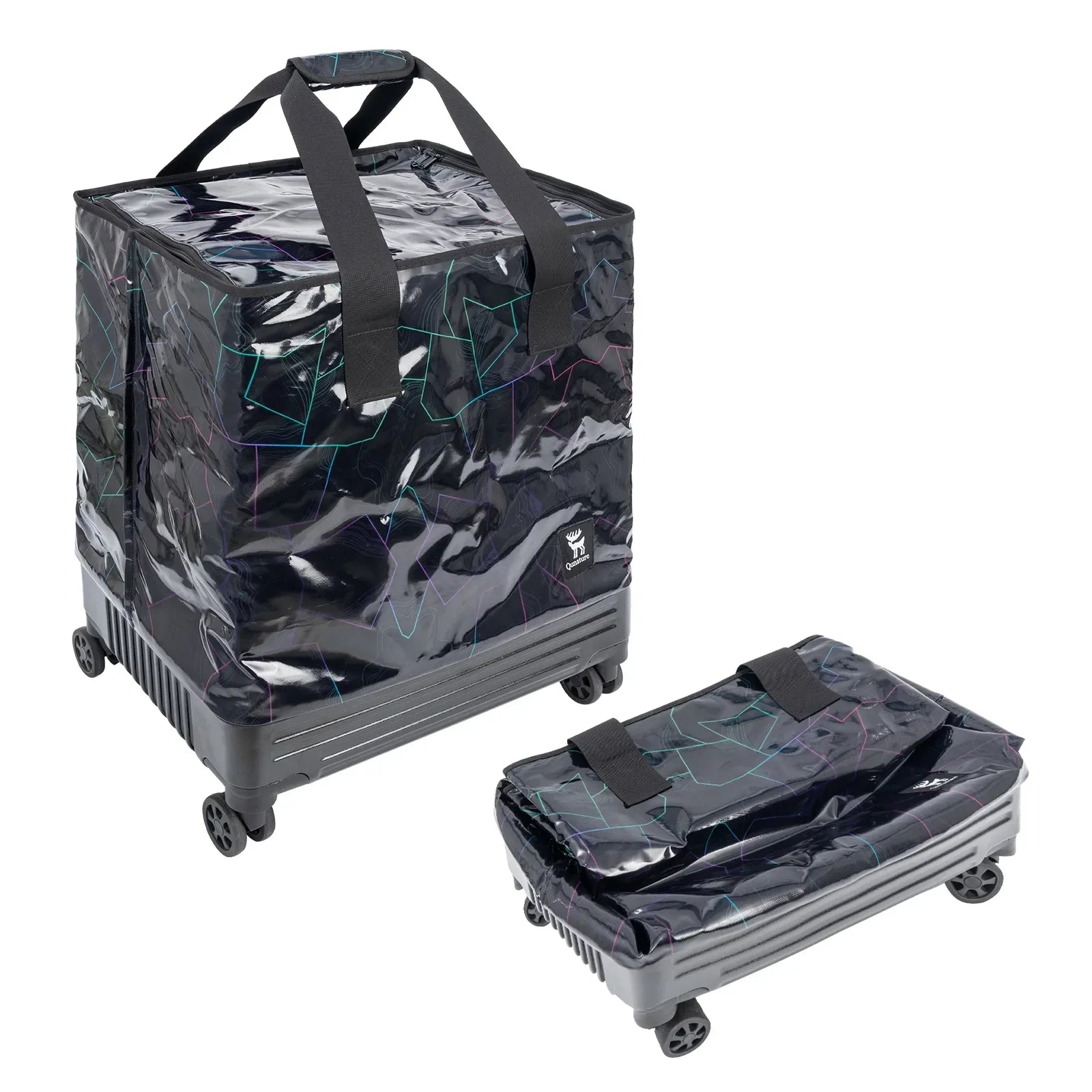 Black and gray rolling cart with transparent cover on a white background