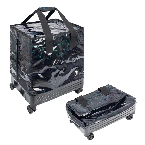 Black and gray rolling cart with transparent cover on a white background